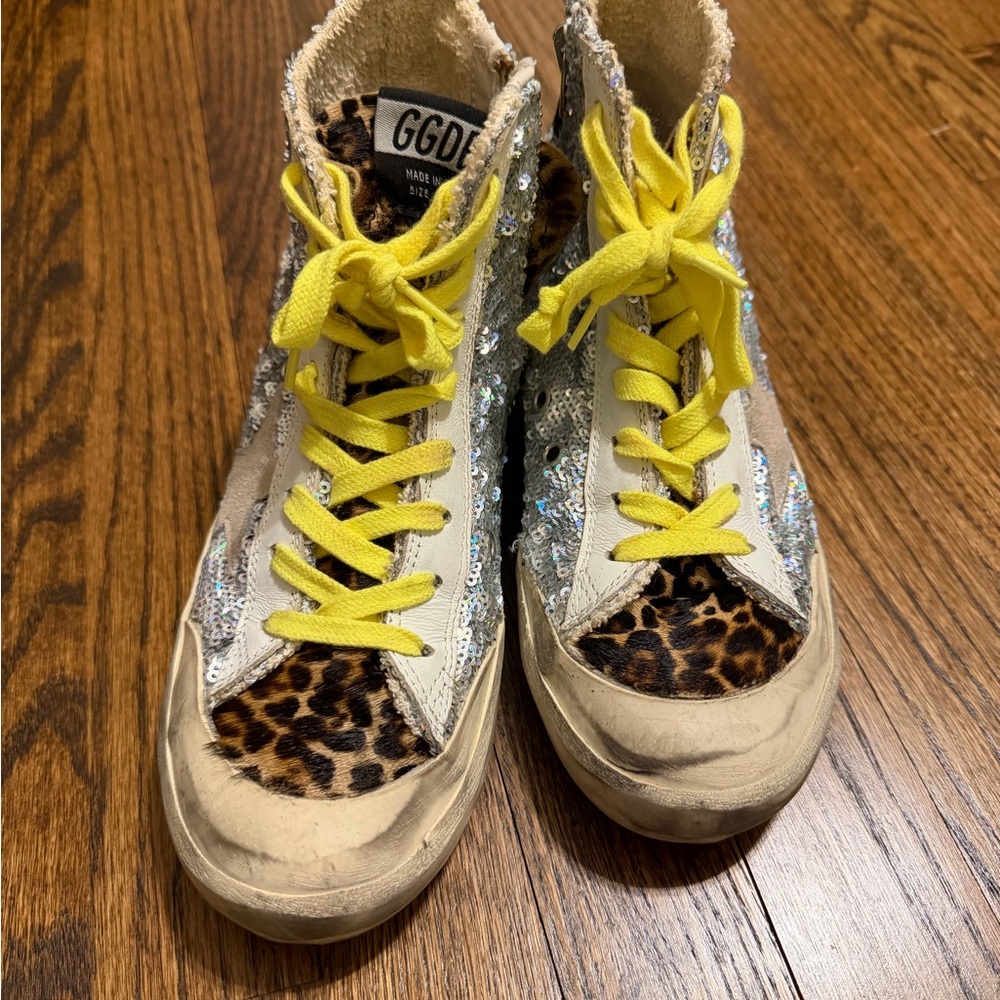 Golden Goose Leopard Print Sneakers with Yellow Laces